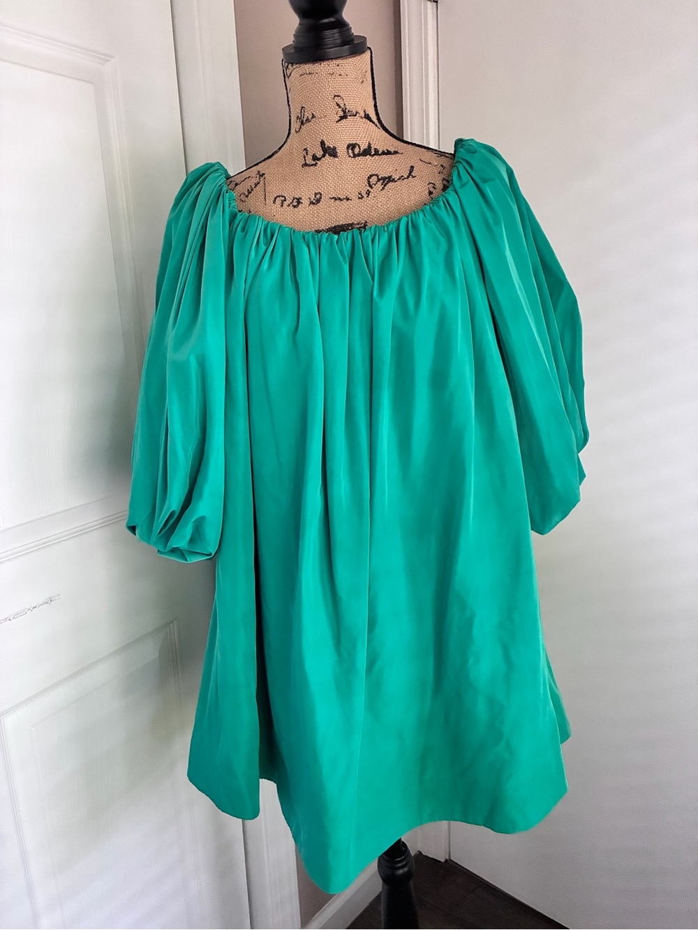 Off-Shoulder Puff Sleeve Tunic Dress in Teal Green